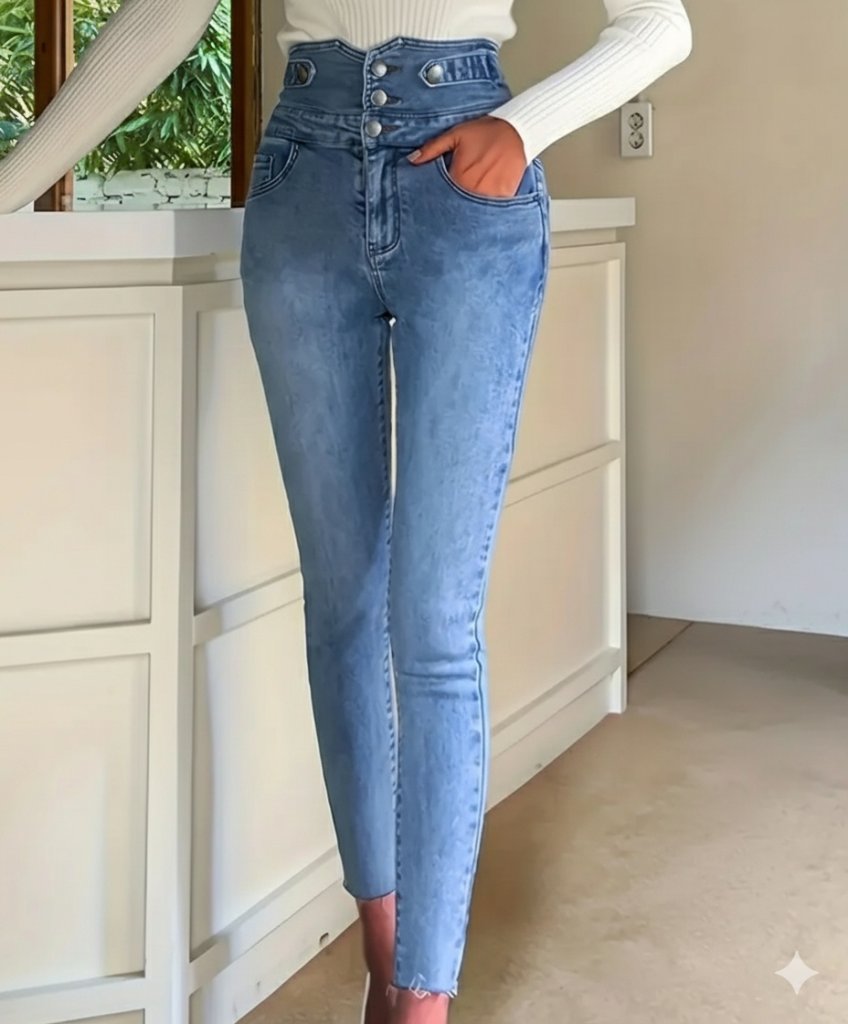 Kadın Yüksek Bel önden Düğmeli Cepli Dar Kesim Detaylı Kot Pantolon - Görsel 5