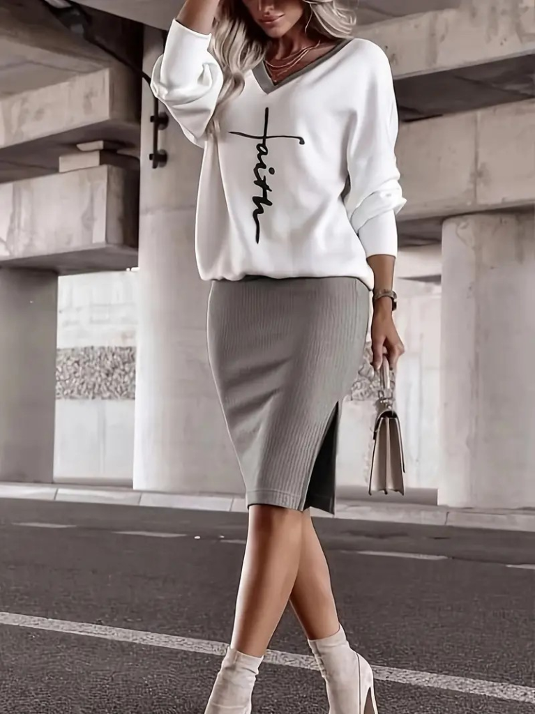 Kadın Uzun Kollu V Yakalı Iki Iplik Bluz Ve şardonlu Kaşkorse Etek Ikili Takım - Görsel 7