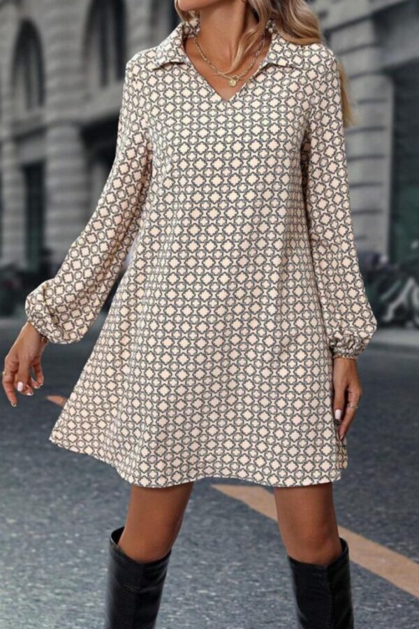 Kadın Uzun Kollu Yakalı Desenli Mini Modal Elbise