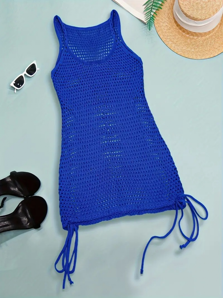 Kadın Askılı Eteği Büzgü Bağlama Detay Delikli örme Triko Pareo Elbise - Görsel 13