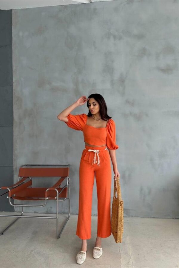 KETEN CROP KARPUZ KOL BLUZ-PANTOLON HASIR KEMERLİ - Orange