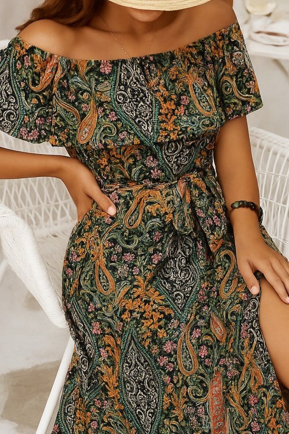 Kadın Kısa Kollu Madonna Yaka Fırfırlı Belden Yırtmaçlı Maksi Süprem Elbise - Görsel 13