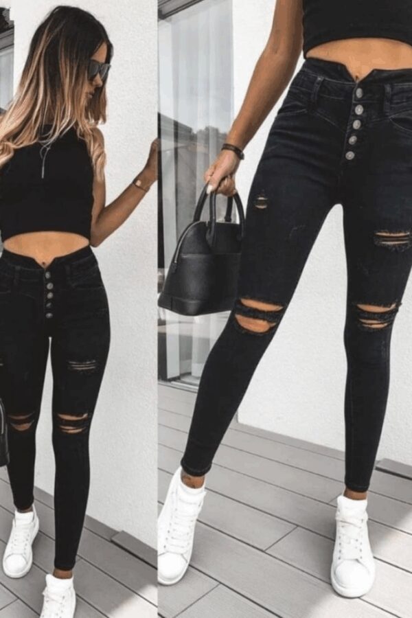 Kadın 5 Düğmeli V Detay Bel Yırtık Kot