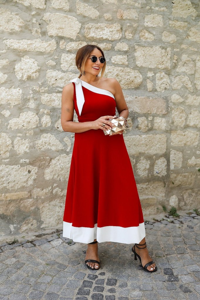 Kadın Tek Omuzu Açık Omuzlardan Kurdela Detaylı çift Renkli Ithal Krep Elbise - Görsel 17