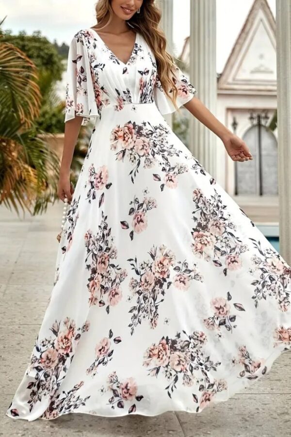 Kadın Kısa Kollu V Yakalı çiçek Desenli Süprem Elbise