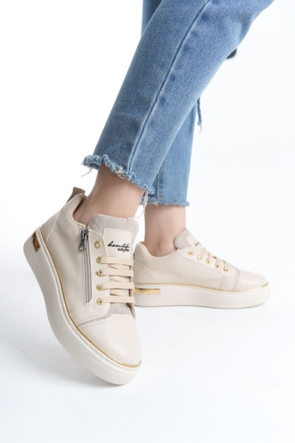 DINA Bağcıklı Fermuarlı Ortopedik Taban Kadın Sneaker Spor Ayakkabı  CKT - Krem/Altın