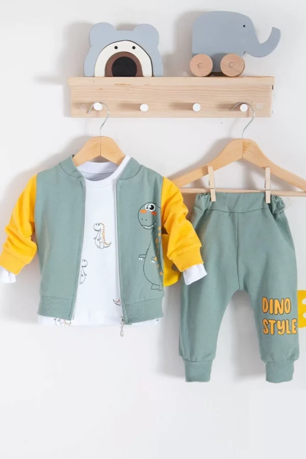 Dinazor Desenli Hırkalı 3'lü Erkek Bebek Takım