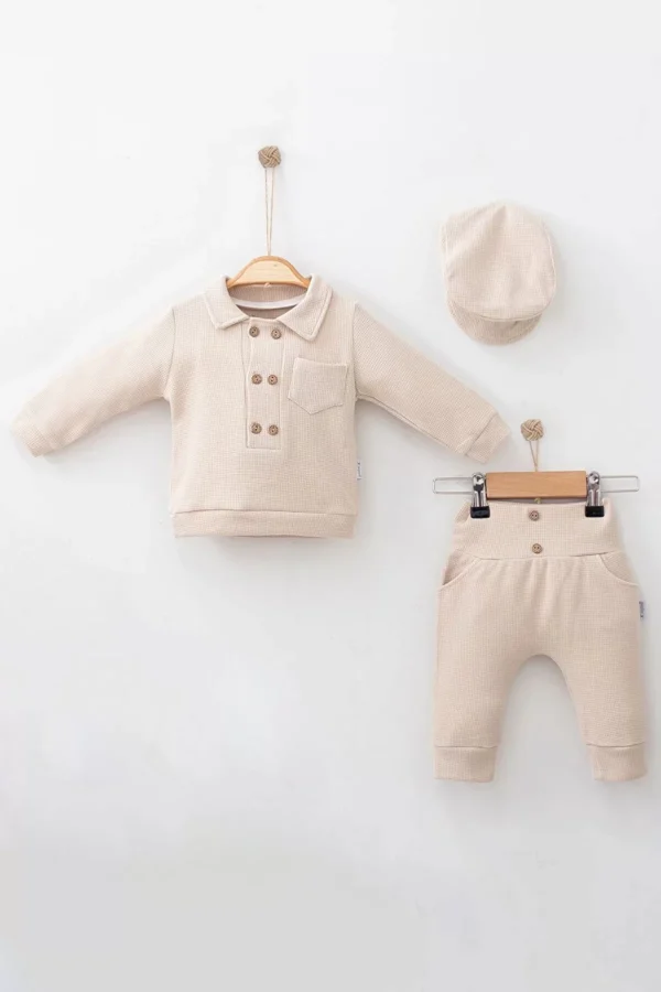 Düğmeli Lüx % 100 Pamuk Şapkalı 3'lü Erkek Bebek Takım