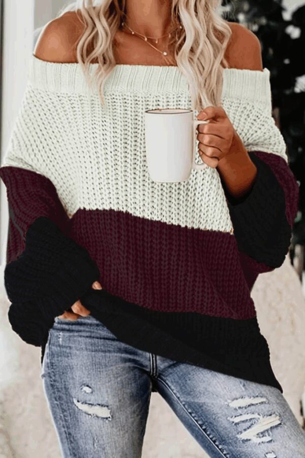 Kadın Uzun Kollu Madonna Yaka çizgi Desenli Salaş Triko