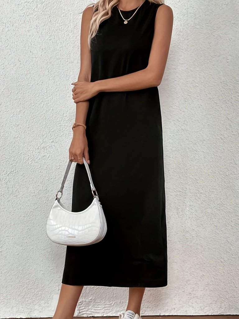Kadın Sıfır Kollu Bisiklet Yaka Midi Viskon Iki Iplik Elbise - Görsel 5