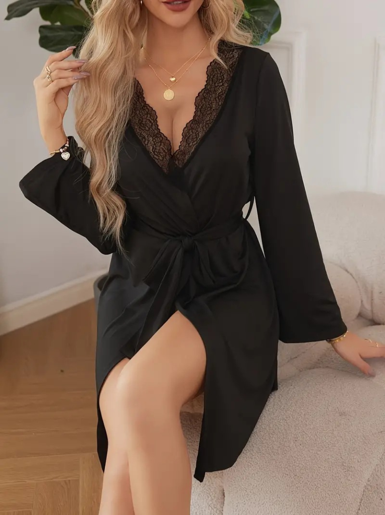 Kadın Uzun Kollu Dantel Yakalı Belden Kuşaklı Viskon Gecelik - Görsel 9