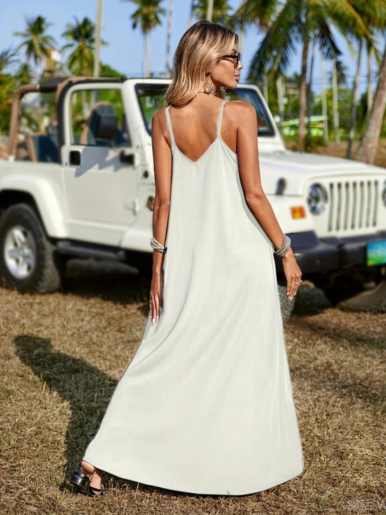 Kadın Askılı V Yakalı Etnik şerit Detaylı Uzun Viskon Elbise - Görsel 9