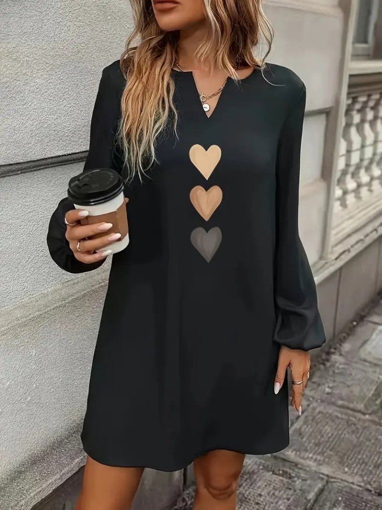 Kadın Uzun Kollu V Yakalı Kalp Desenli Mini Ithal Krep Elbise - Görsel 2