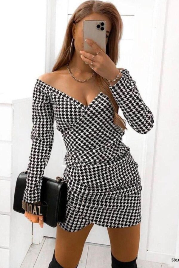 Kadın Kazayağı Desenli Kruvaze Yaka Mini Krep Elbise