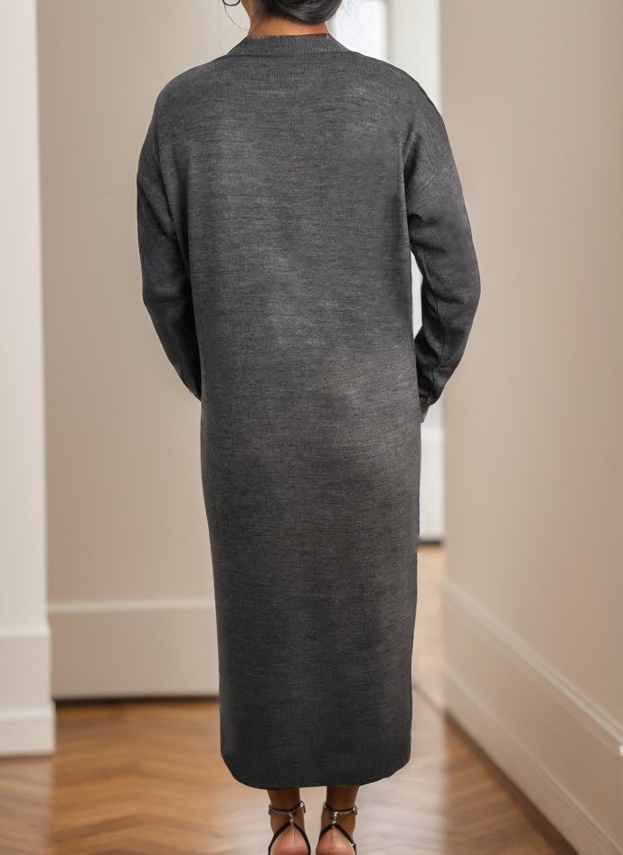 Kadın Uzun Kollu Bisiklet Yaka Yırtmaç Detay Triko Midi Boy Elbise - Görsel 6