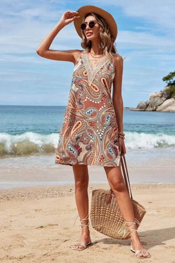 Kadın Kısa Kollu Dantel V Yakalı Desenli Süprem Elbise