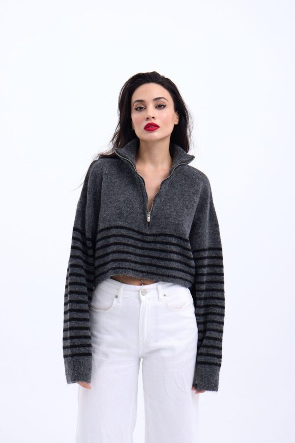 43311 TRİKO ÇİZGİLİ FERMUARLI CROP-ANTRASİT-SİYAH