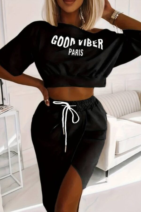 Kadın Iki Iplik Kumaş Alt Etek üst Baskı Detaylı Crop Ikili Takım