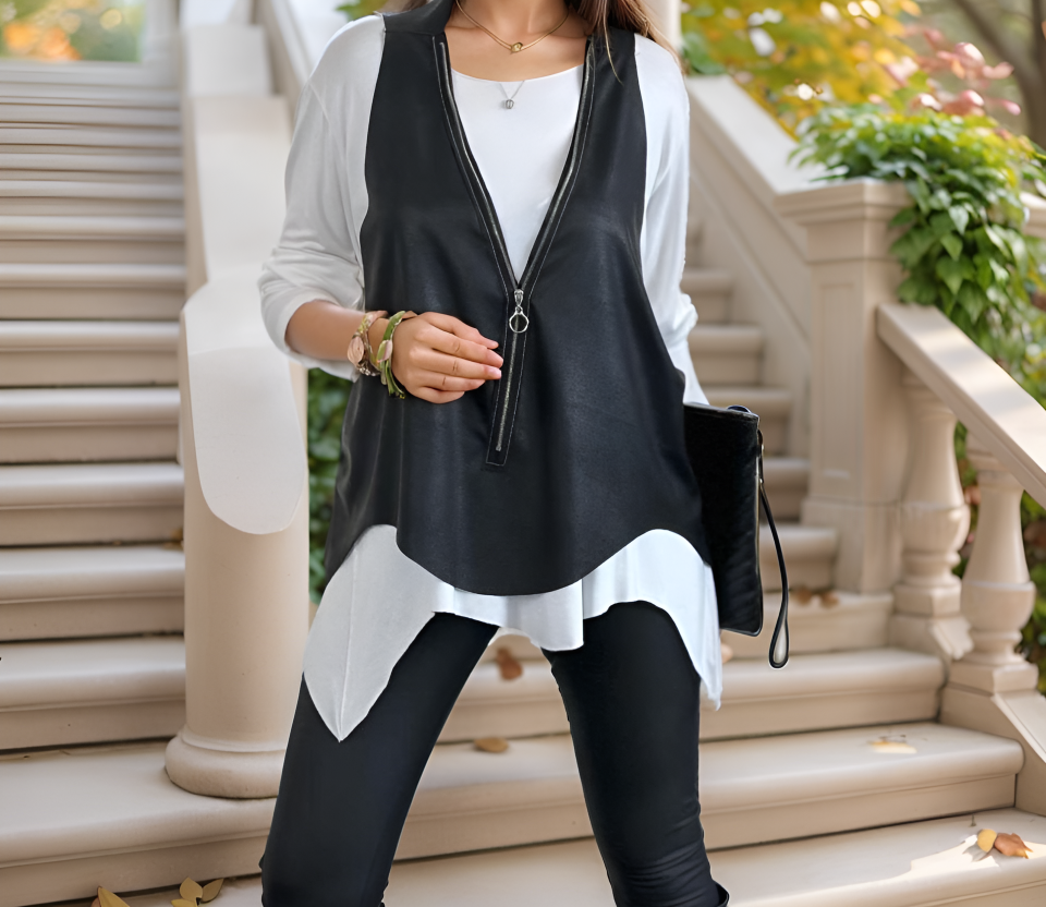 Kadın Uzun Kol Asimetrik Kesim Viskon Bluz Ve çatlak Deri Görünümlü Fermuar Detaylı Yelek Ikili Takım - Görsel 2