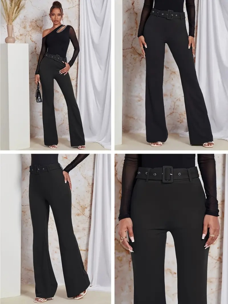 Kadın Yüksek Bel Kemerli Paçaya Doğru Genişleyen Ithal Krep Pantolon - Görsel 8