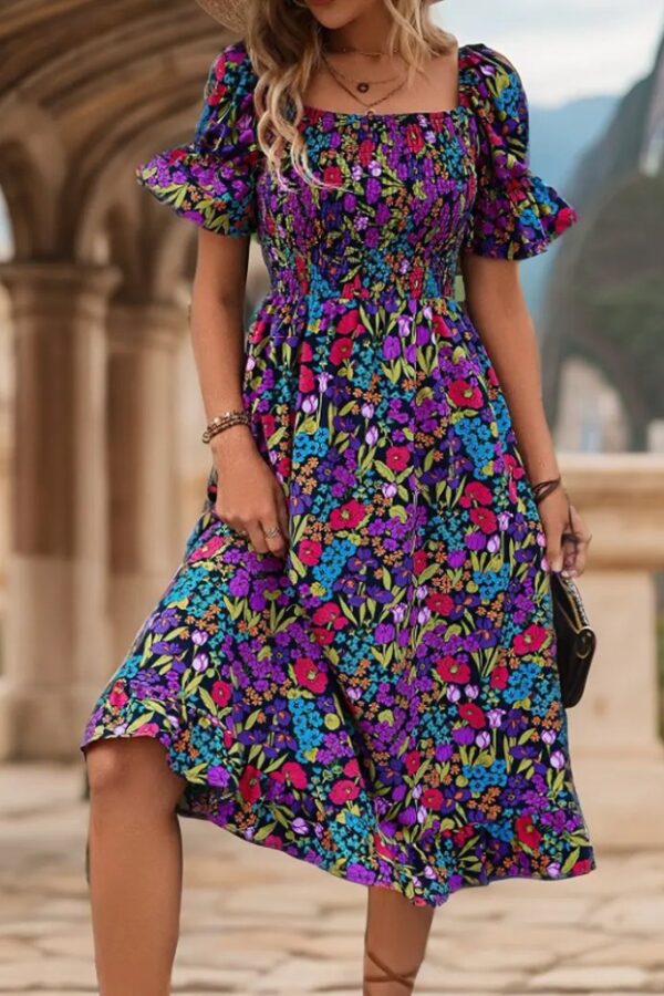 Kadın Kısa Kollu Kare Yakalı Beli Lastikli çiçek Desenli Mini Süprem Elbise