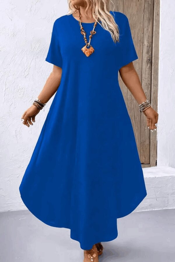 Kadın Kısa Kollu Bisiklet Yaka Cepli Salaş Viskon Elbise