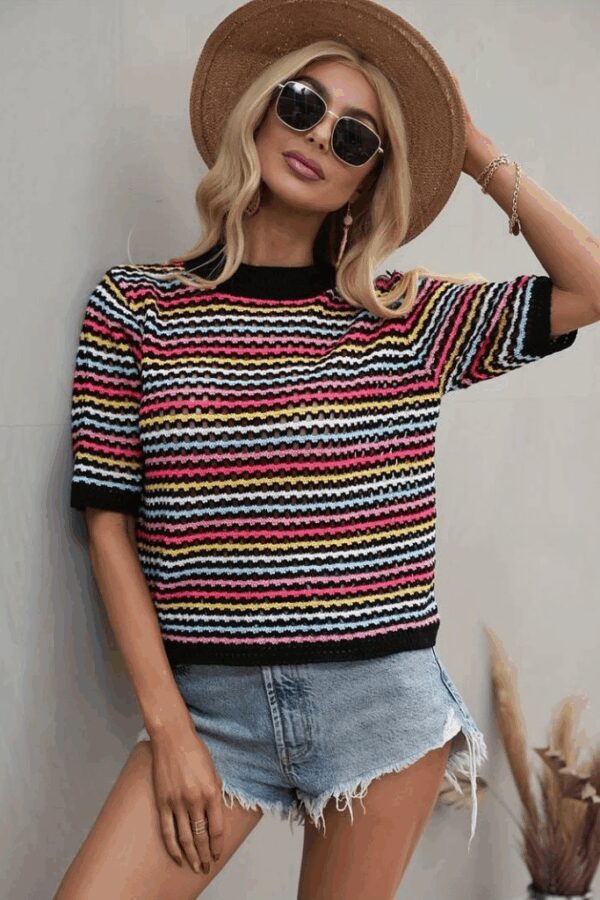 Kadın Kısa Kollu Bisiklet Yaka Renkli şerit Detaylı Triko Bluz