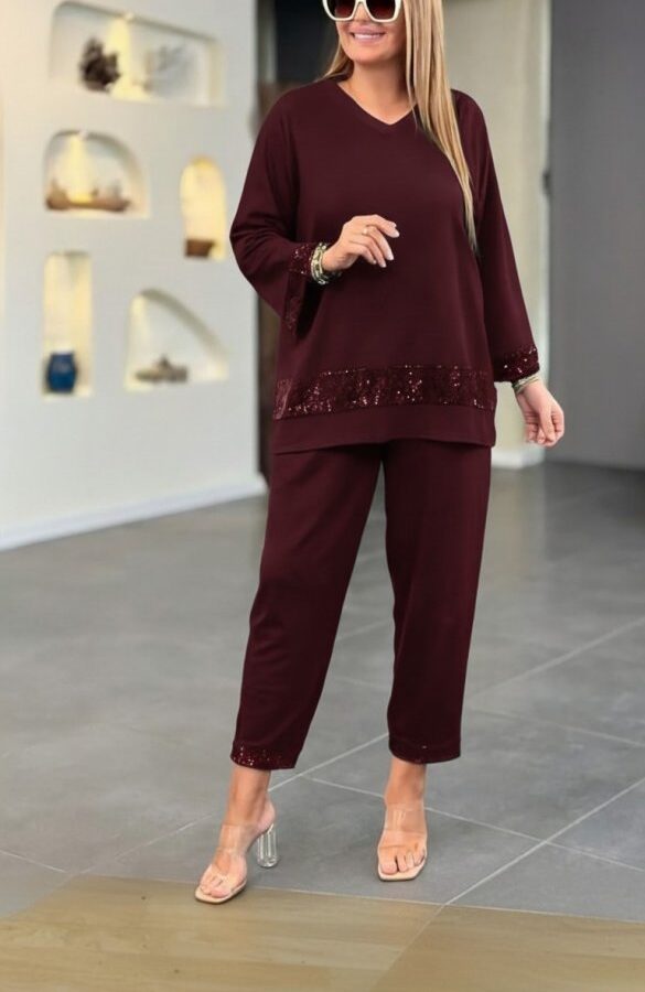 Kadın Uzun Kollu V Yakalı Pulpayet Viskon Iki Iplik Bluz Ve Pantolon Takım