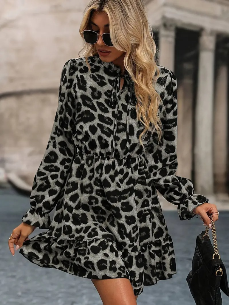 Kadın Uzun Kollu Yakadan Bağlamalı Beli Lastikli şardonlu Dalgıç Elbise - Görsel 3