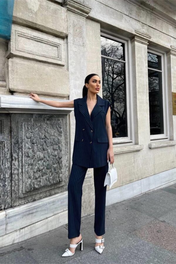 ÇİZGİLİ UZUN YELEK - PANTOLON TAKIM POLVİSCON - Lacivert