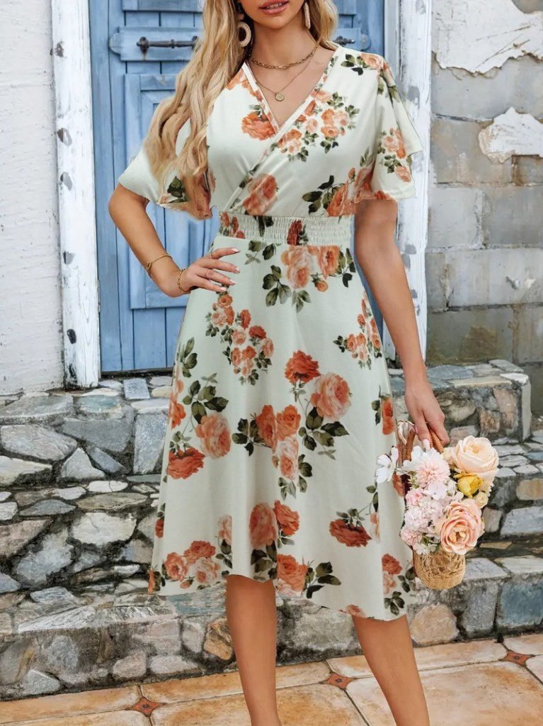 Kadın Kısa Kollu Kruvaze Yakalı Desenli Süprem Kısa Elbise - Görsel 3