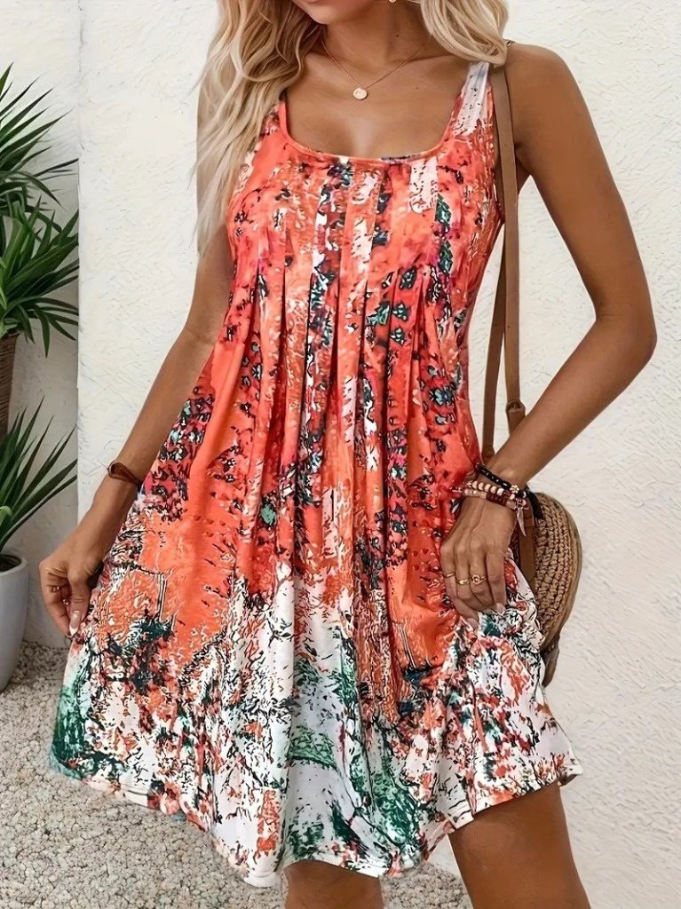 Kadın Sıfır Kollu Kare Yaka önden Pileli Salaş Süprem Elbise - Görsel 3