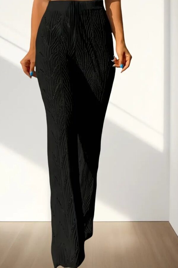 Kadın Yüksek Bel Bağcıklı Desenli Triko Plaj Pantolon