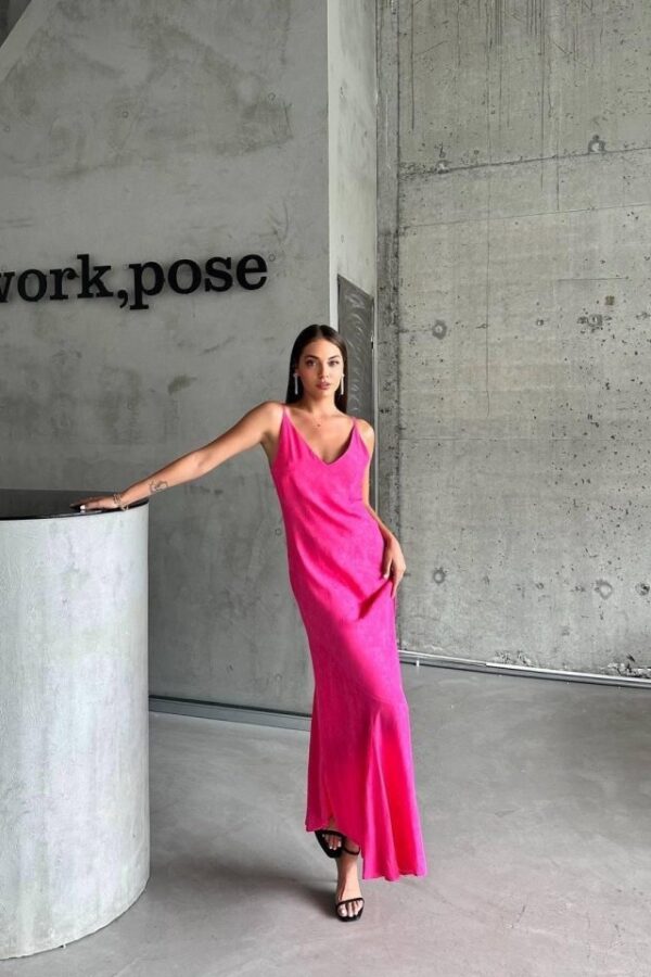 JAKARLI ASKILI SATEN ELBİSE ASİMETRİK - Pembe