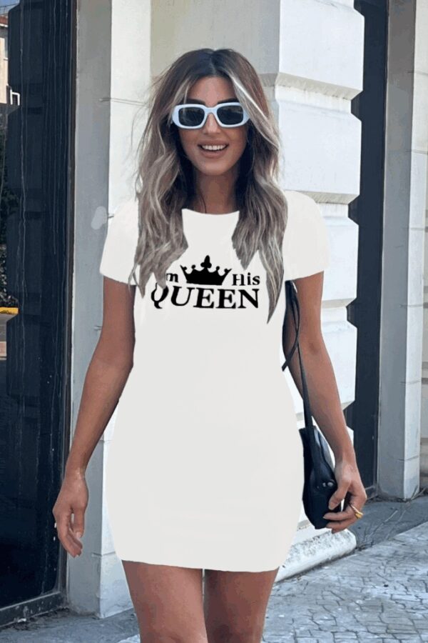 Kadın Kısa Kollu Queen Baskı Iki Iplik Mini Elbise