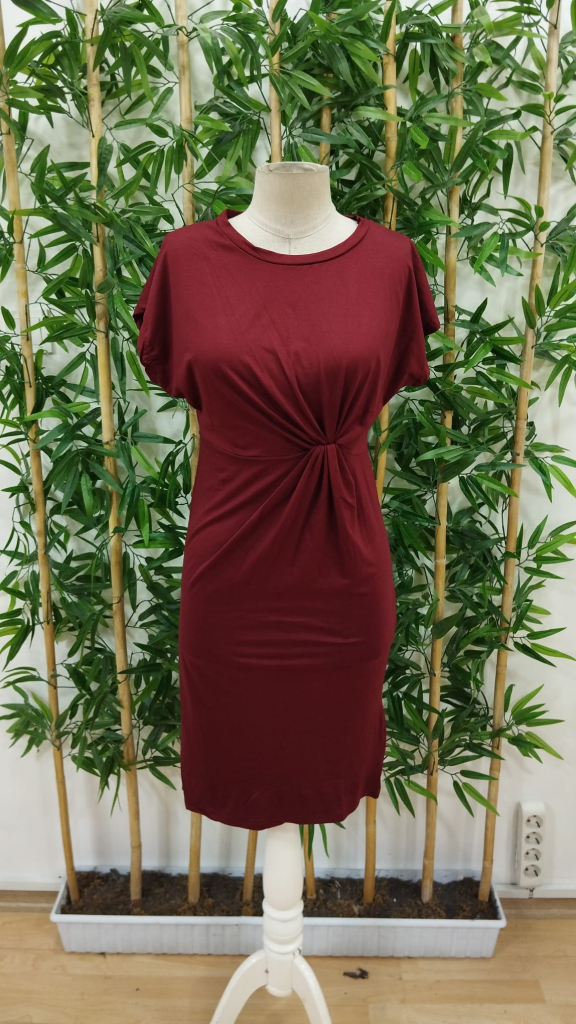 Kadın Kısa Kollu Bisiklet Yaka Yandan Büzgülü Midi Viskon Elbise - Görsel 14