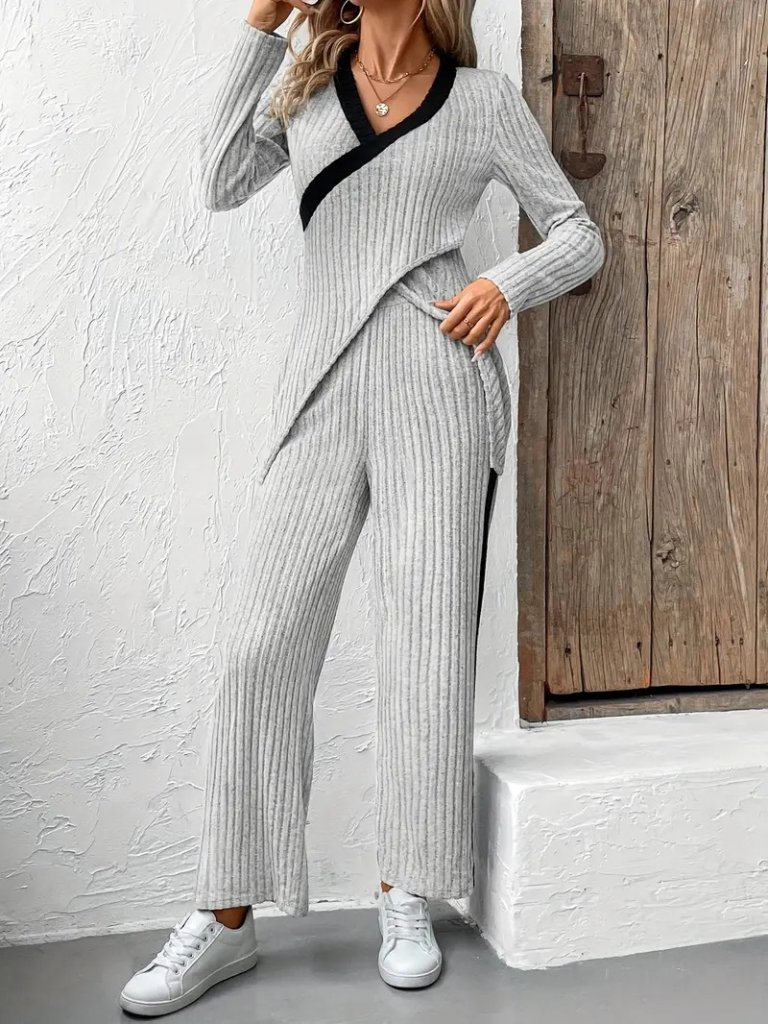 Kadın Uzun Kollu V Yakalı çapraz Detaylı şardonlu Kaşkorse Bluz Ve Pantolon Ikili Takım - Görsel 5