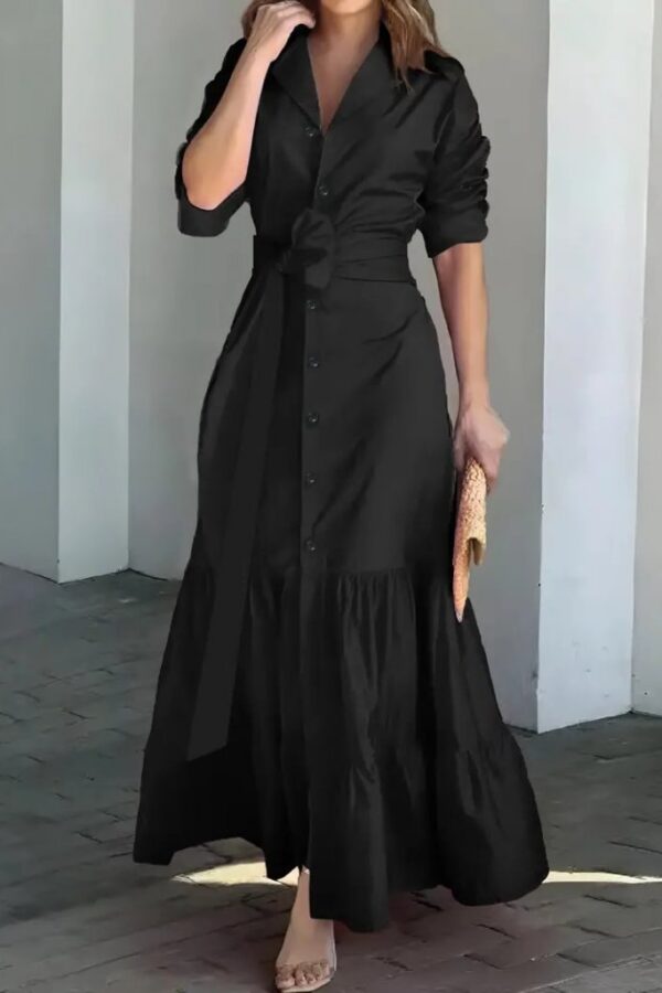 Kadın Uzun Kollu Eteği Fırfırlı Beli Kuşaklı Trikoton Tam Boy Gömlek Elbise