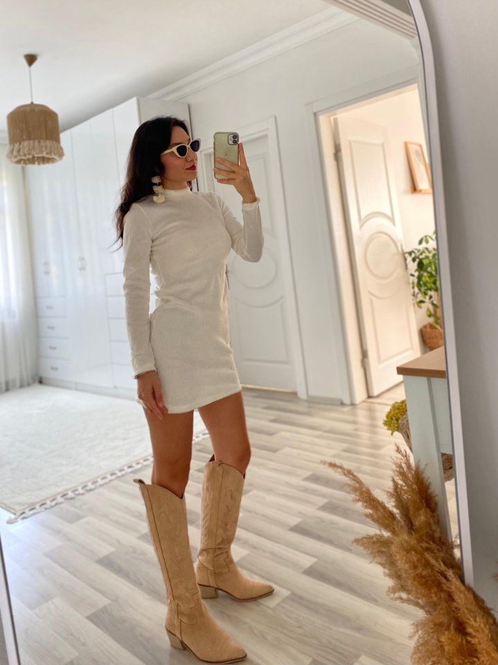 Kadın Uzun Kollu Peluş Mini Boy Elbise - Görsel 4