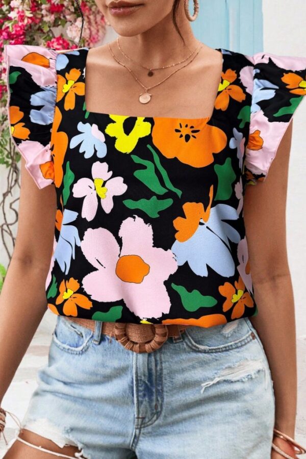 Kadın Kısa Fırfır Kollu Kare Yaka çiçek Desenli Ithal Keten Bluz