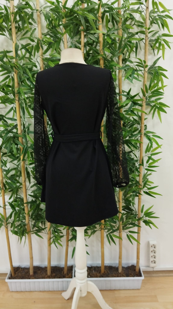 Kadın Uzun Kollu Yakadan Bağcıklı Belden Kuşaklı Ithal Krep Elbise - Görsel 5