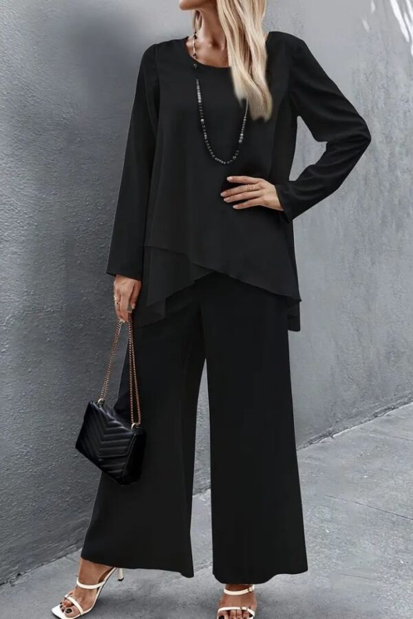 Kadın Uzun Kollu Asimetrik Detaylı Salaş Sandy Bluz Ve Pantolon Ikili Takım