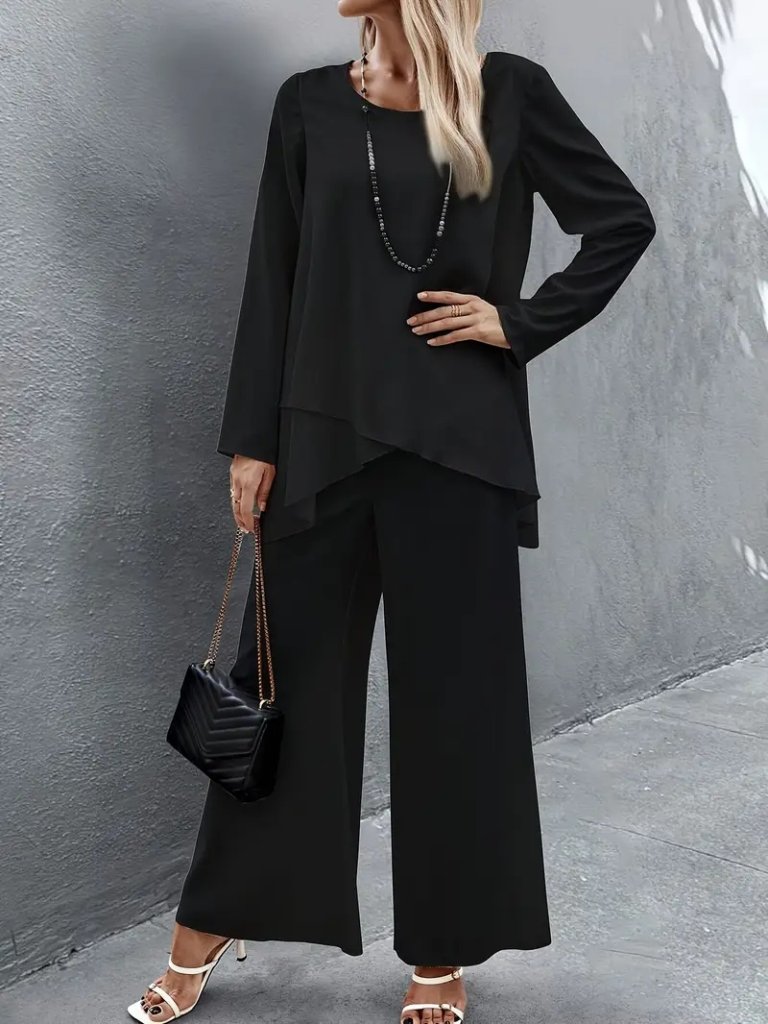 Kadın Uzun Kollu Asimetrik Detaylı Salaş Sandy Bluz Ve Pantolon Ikili Takım