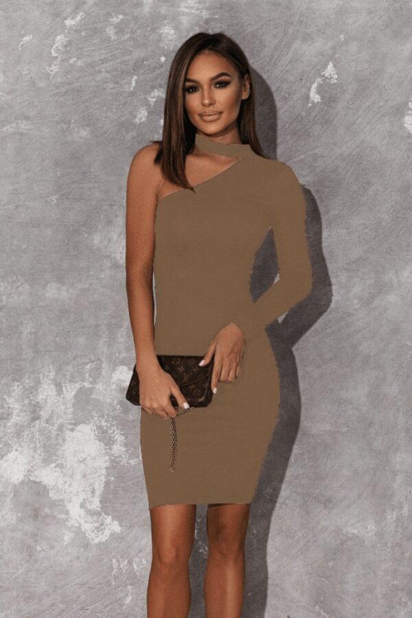 Kadın Uzun Kollu Tek Omuz Ve Kol Açık Detay Viskon Mini Boy Elbise