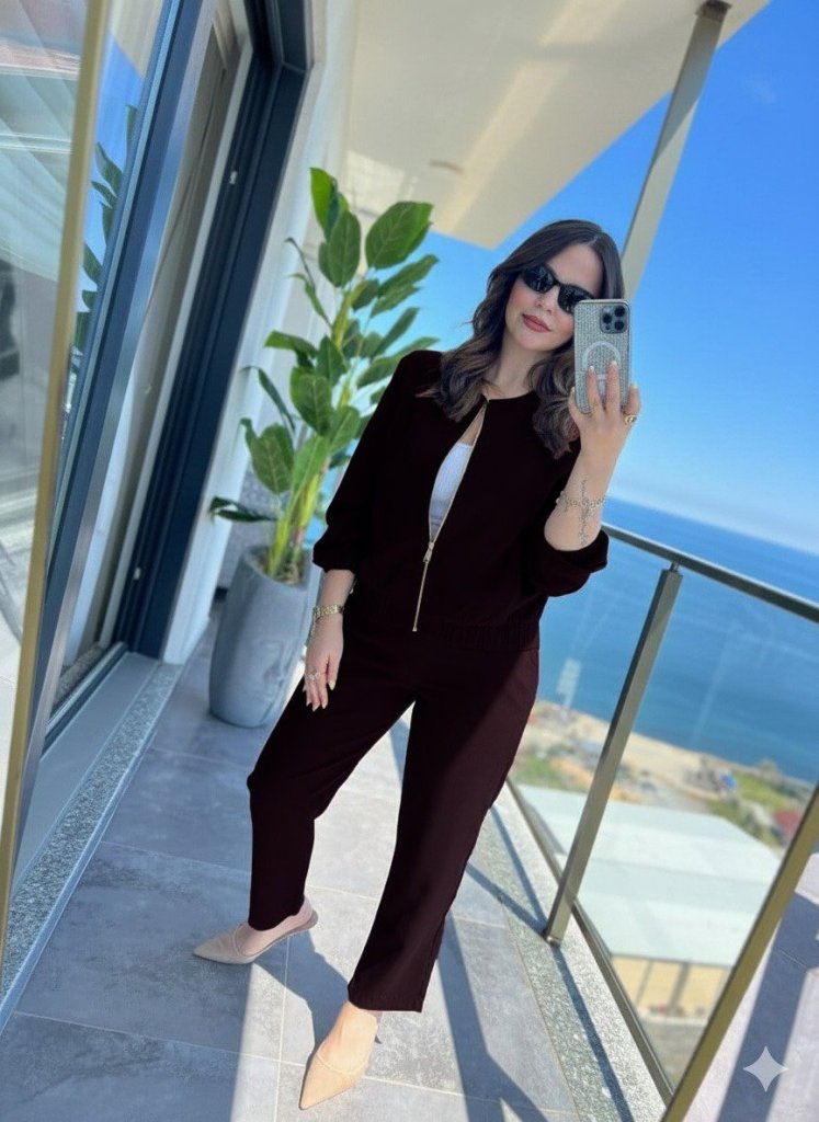 Kadın Uzun Kollu önden Fermuarlı Modal Ceket Ve Pantolon Ikili Takım - Görsel 14