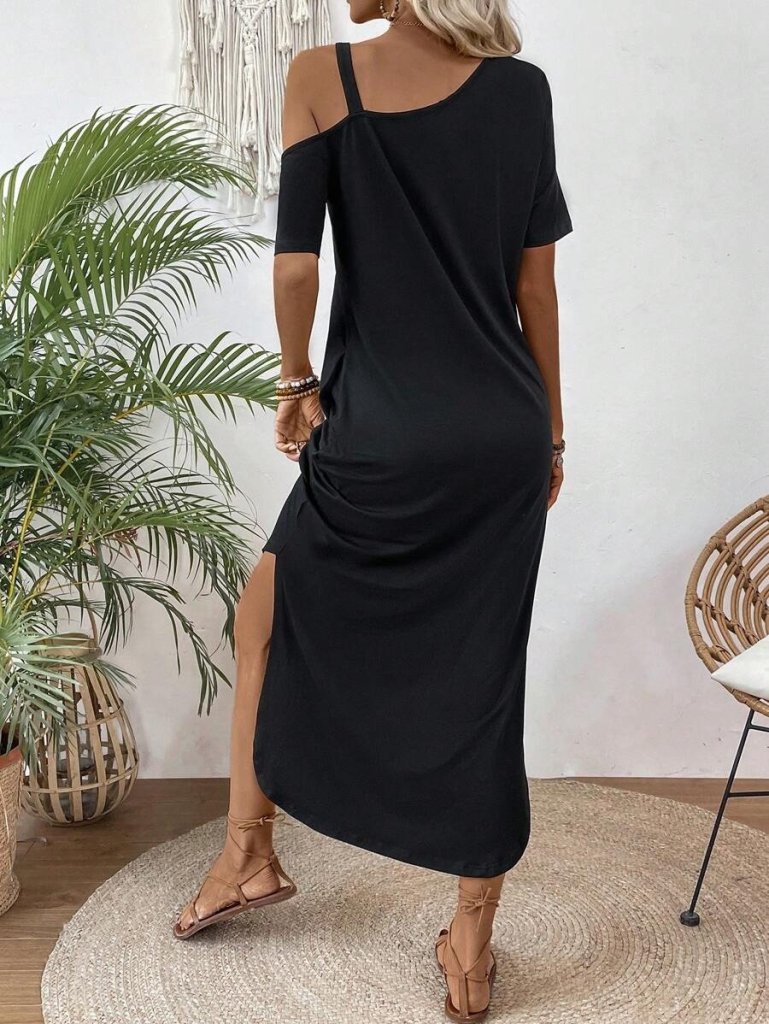 Kadın Tek Omuzdan Açık Toka Detaylı Yandan Yırtmaçlı Maksi Boy Viskon Elbise - Görsel 6