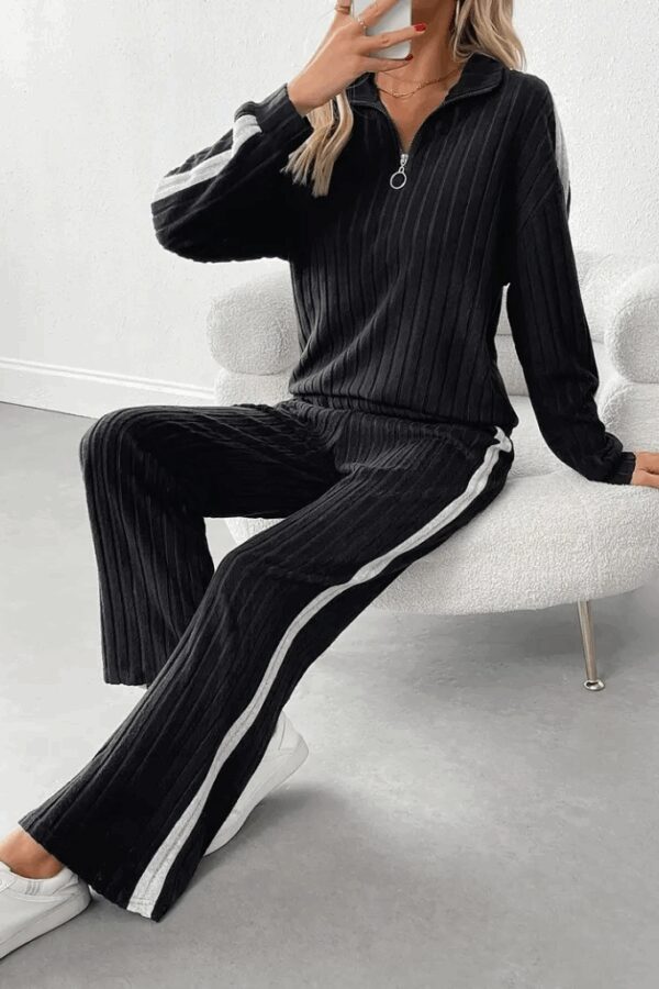 Kadın Uzun Kollu Yakadan Fermuarlı Yanları şerit Detaylı şardonlu Kaşkorse Bluz Ve Pantolon Ikili Takım