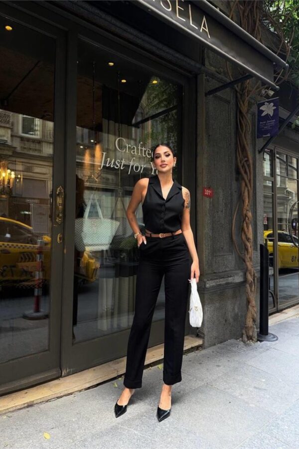 KETEN DUBLE PAÇA DERİ TABA KEMERLİ PANTOLON - Kahverengi