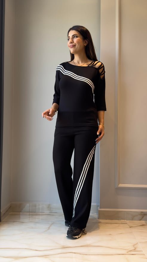 Kadın Uzun Kollu Truvakar Kol Tek Omuz çapraz şerit Detaylı Ribanalı Viskon Iki Iplik Bluz Ve Pantolon Ikili Takım - Görsel 6