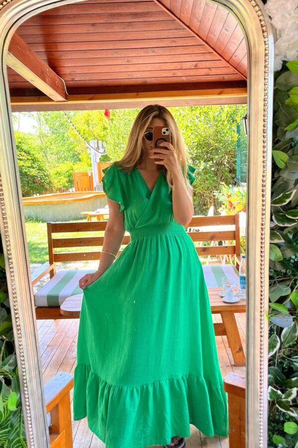 Kadın Kısa Kollu Kruvaze Yakalı Beli Lastikli Müslim Elbise